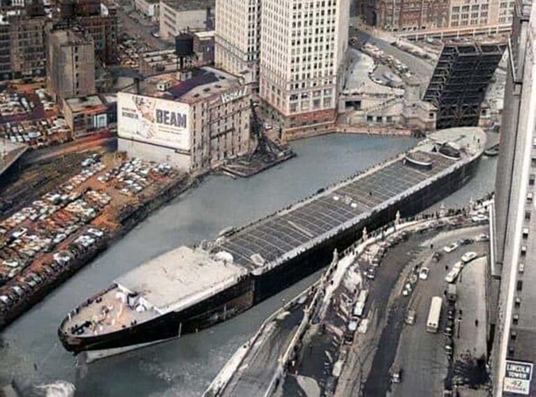 Stunning vintage photos of the Marine Angel vessel transiting the Chicago River, 1953