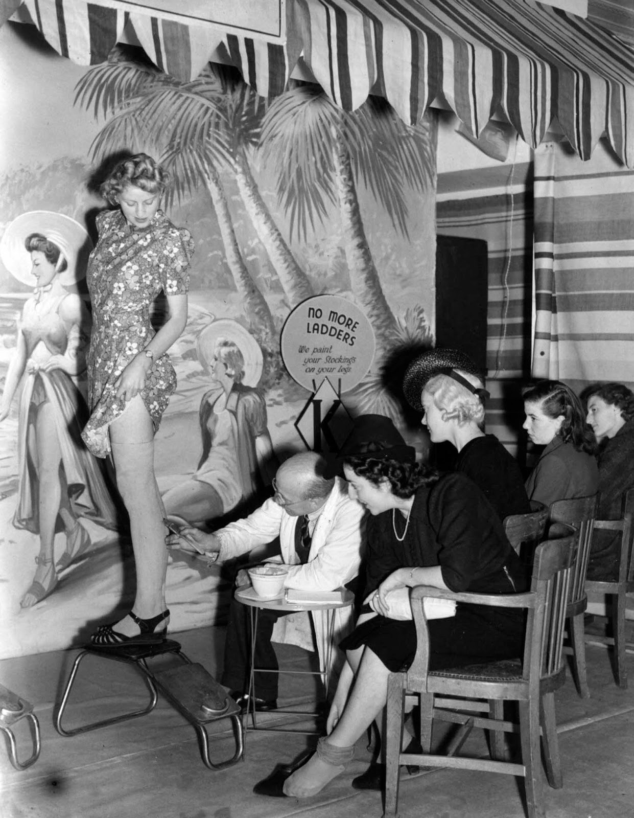 A shoe store offers a unique service by painting stockings on women's legs during the clothing rationing of World War II.