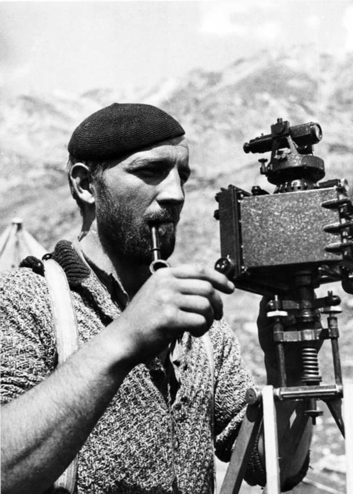 Karl Wienert taking photogrammetric measurements.