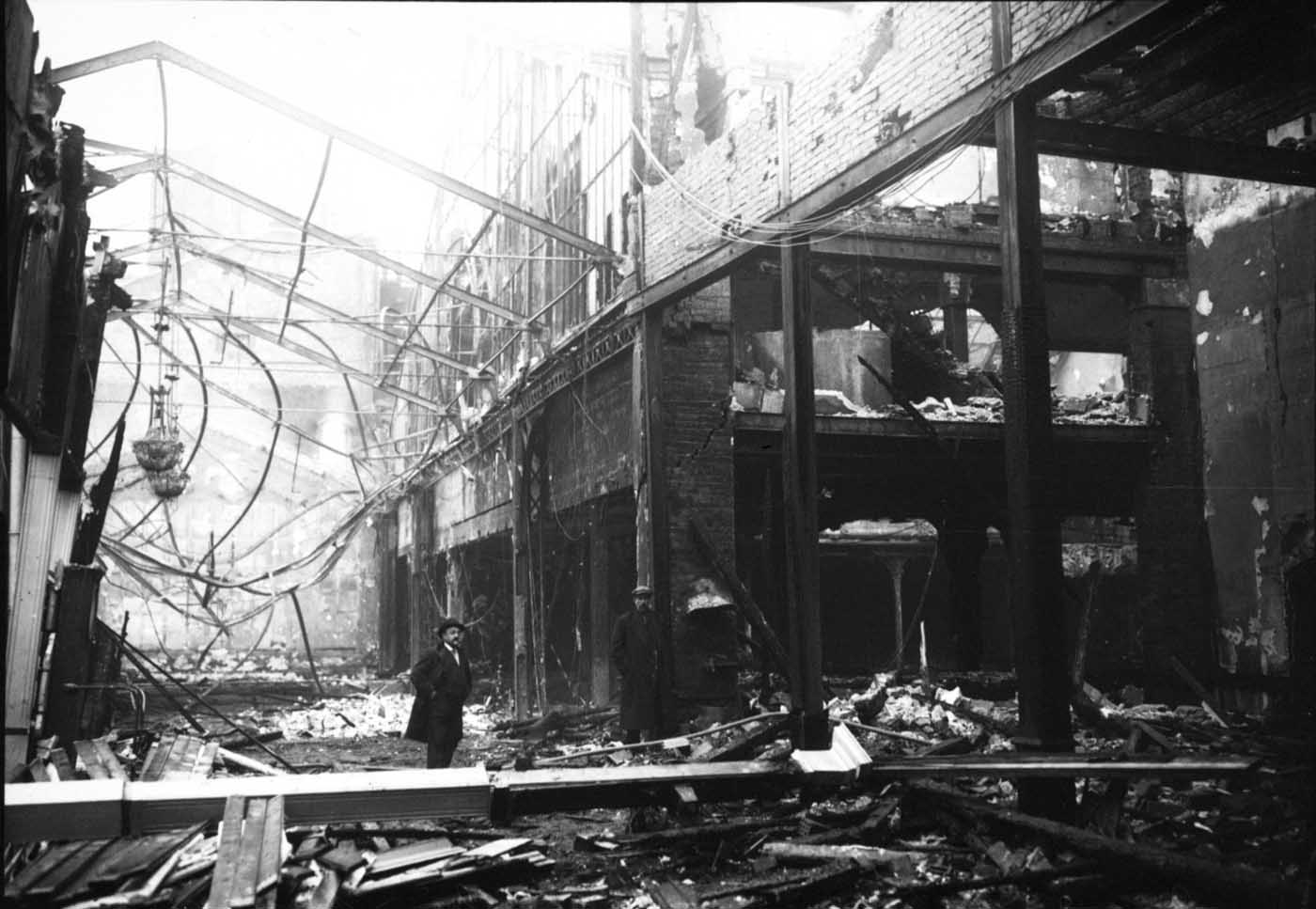 Photo of inside the Moulin Rouge after it was ravaged by a fire in 1915. The rebuilt Moulin Rouge finally reopened in 1921.