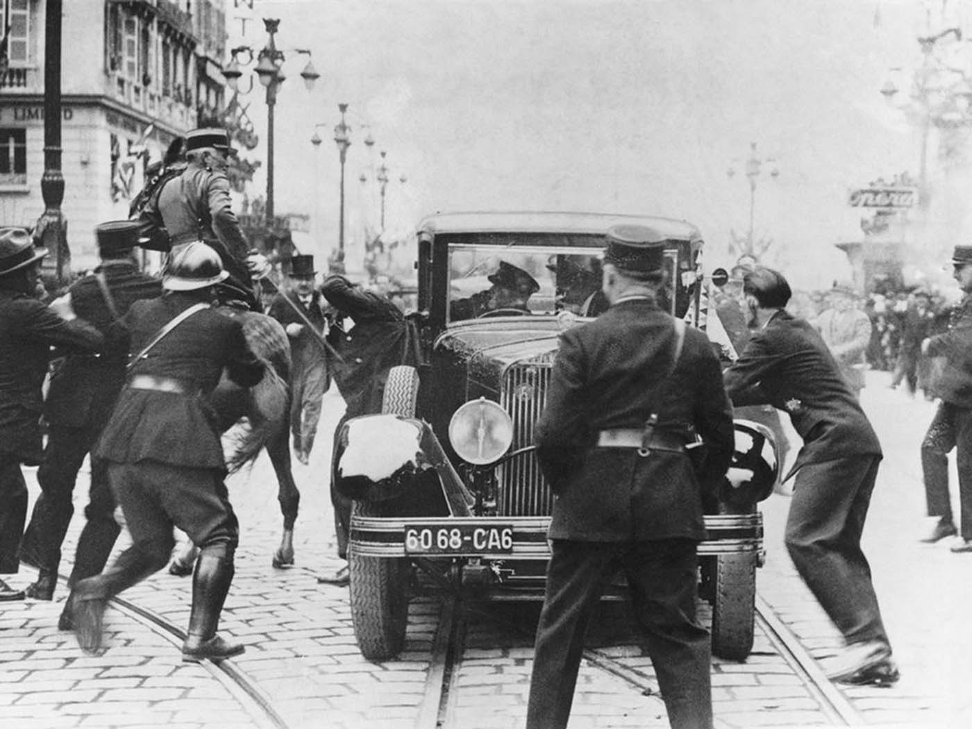 Lieutenant Colonel Poillet cuts down the assassin of King Alexander I of Yugoslavia. The gunman, who was identified as Vlado Chernozemski, was an agent of the Internal Macedonian Revolutionary Organisation and the Croatian movement, the Ustasa.