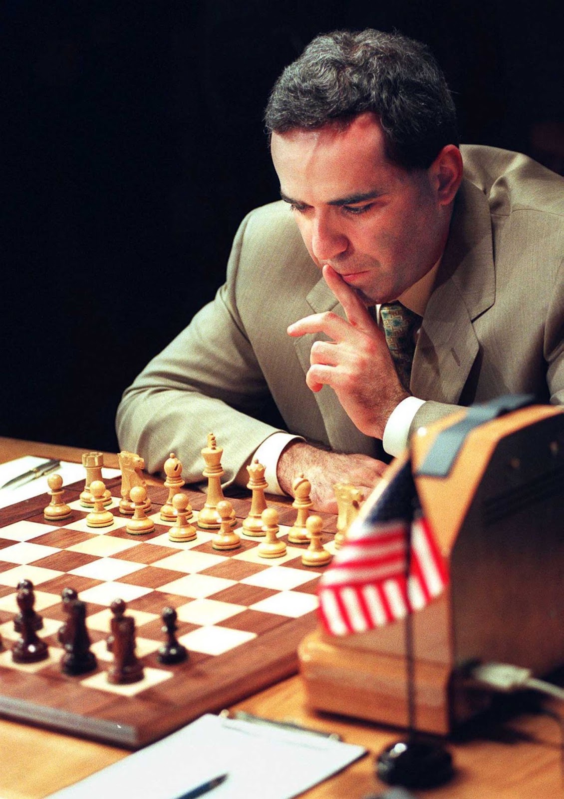 Kasparov contemplates his opening move in Game 1 of the rematch.