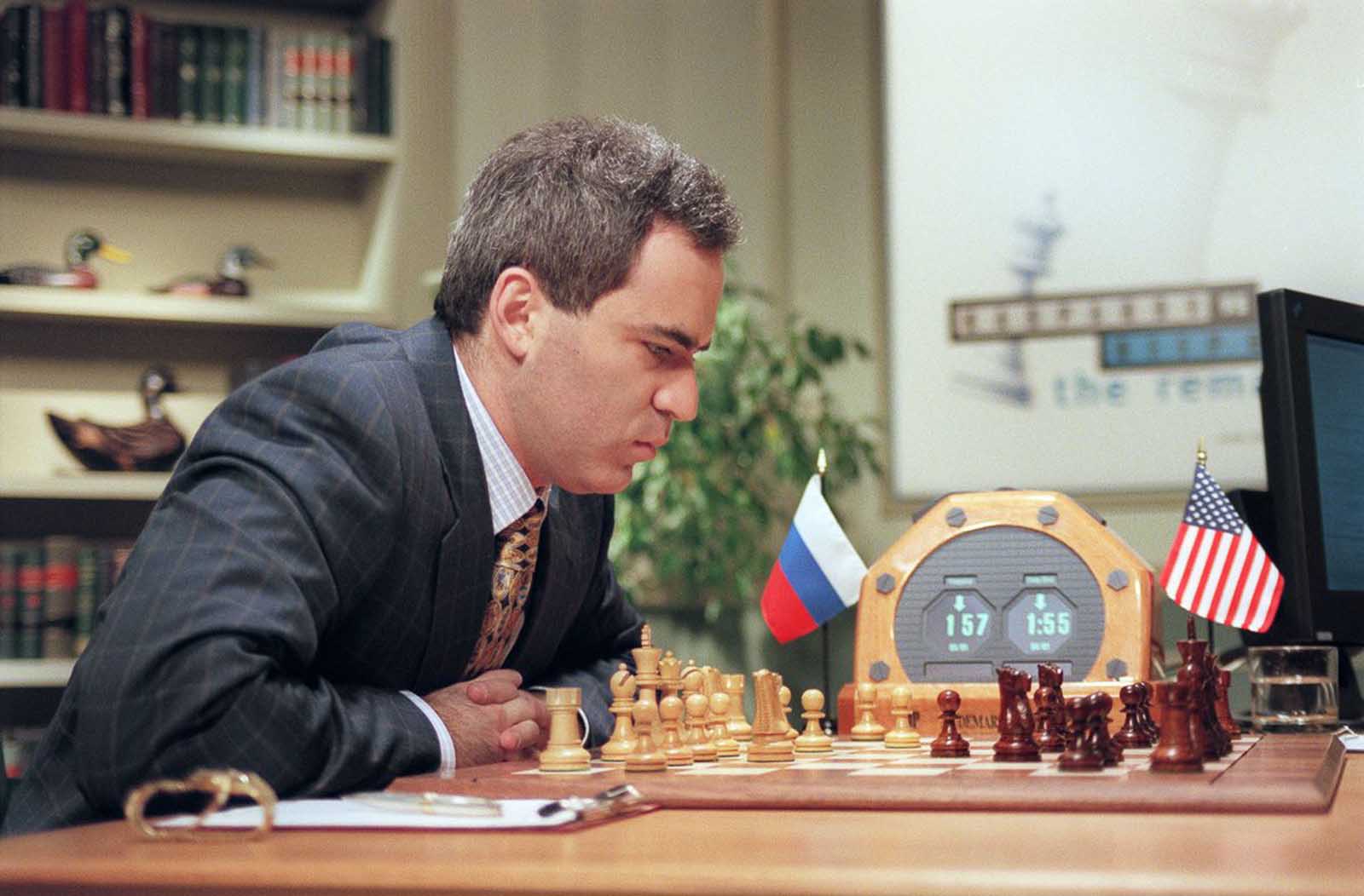 Kasparov ponders a move in Game 3, after winning the first game and losing the second.