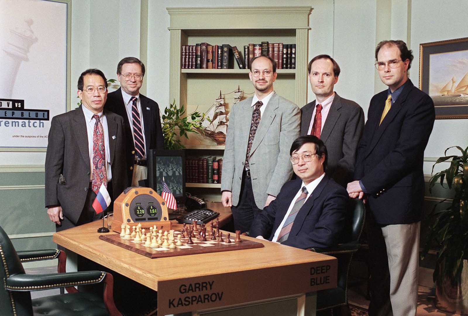 The IBM Deep Blue team pose for a photo after Game 4 ended in a draw, leaving the score still tied.