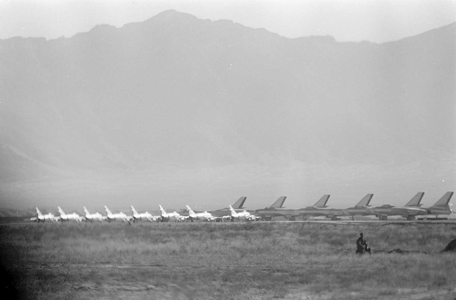 Afghan Air Force Mikoyan-Gurevich MiG-15 fighters and Ilyushin Il-28 bombers in Kabul, Afghanistan, during the visit of the U.S. president Dwight D. Eisenhower, in December of 1959.