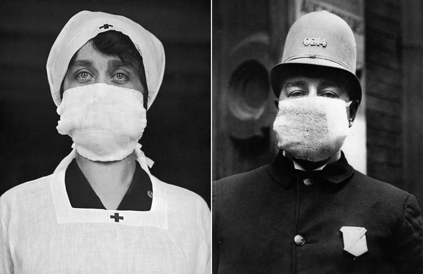 Right: A U.S. Red Cross employee wears a face mask in an attempt to help decrease the spread of influenza. 1918. Left: An American policeman wears a 'flu mask' to protect himself from the Spanish flu outbreak that followed World War I. 1918.