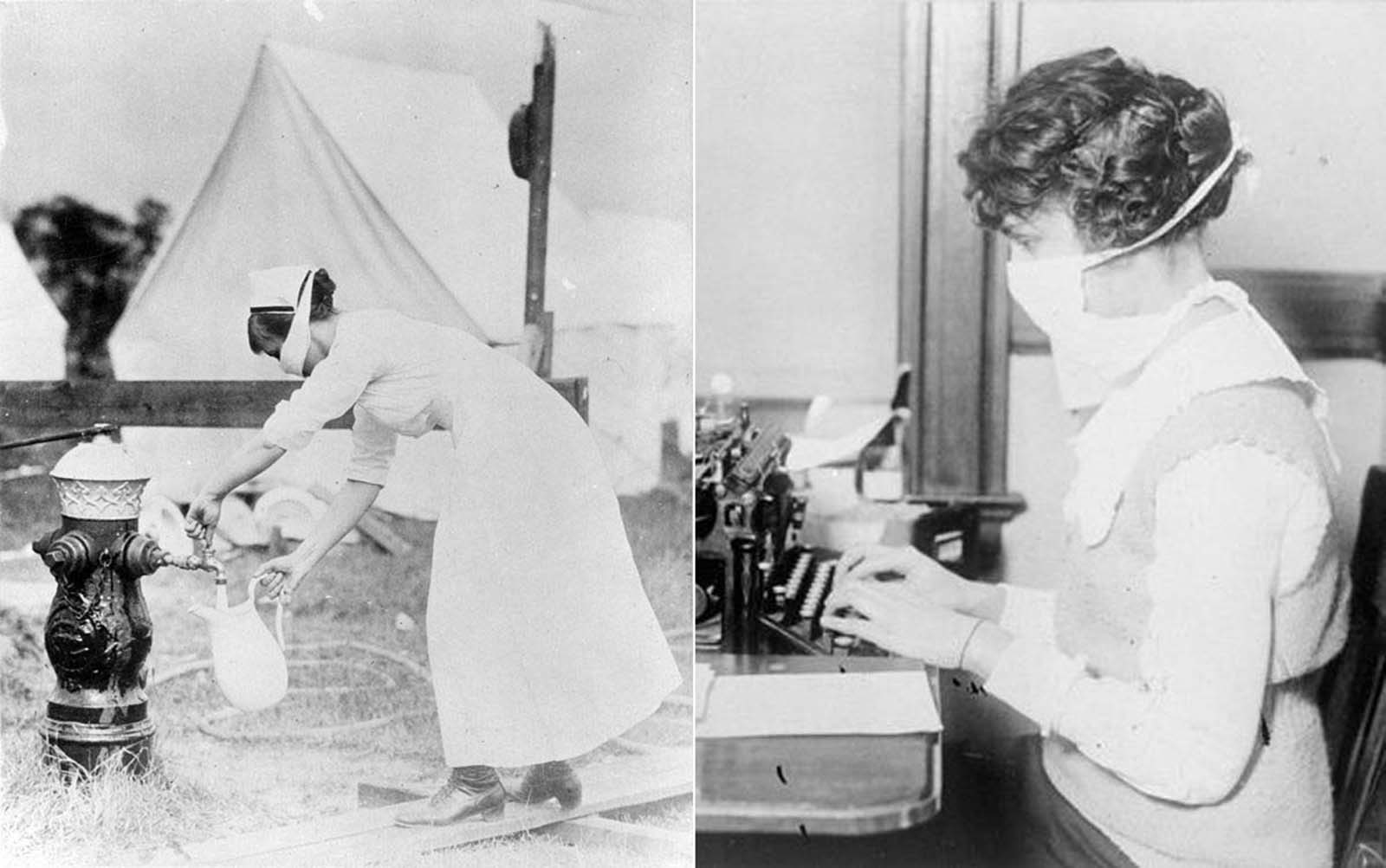 Left: A typist works while wearing a mask, in New York City. Right: A nurse protects herself while fetching water.