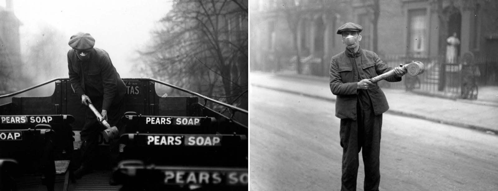 A man prepares 'anti-flu' spray for buses of the London General Omnibus Co. (London, March 2, 1920).