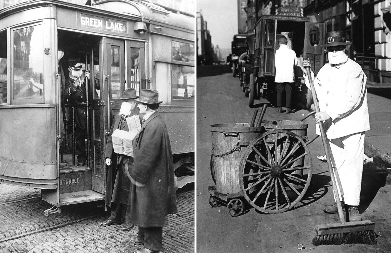 Left: A Seattle, Washington streetcar conductor refuses entry to a commuter who is not wearing a mask. Precautions taken in the city required passengers to wear masks on public transportation. Right: A New York city street sweeper wears a mask to help check the spread of influenza. 
