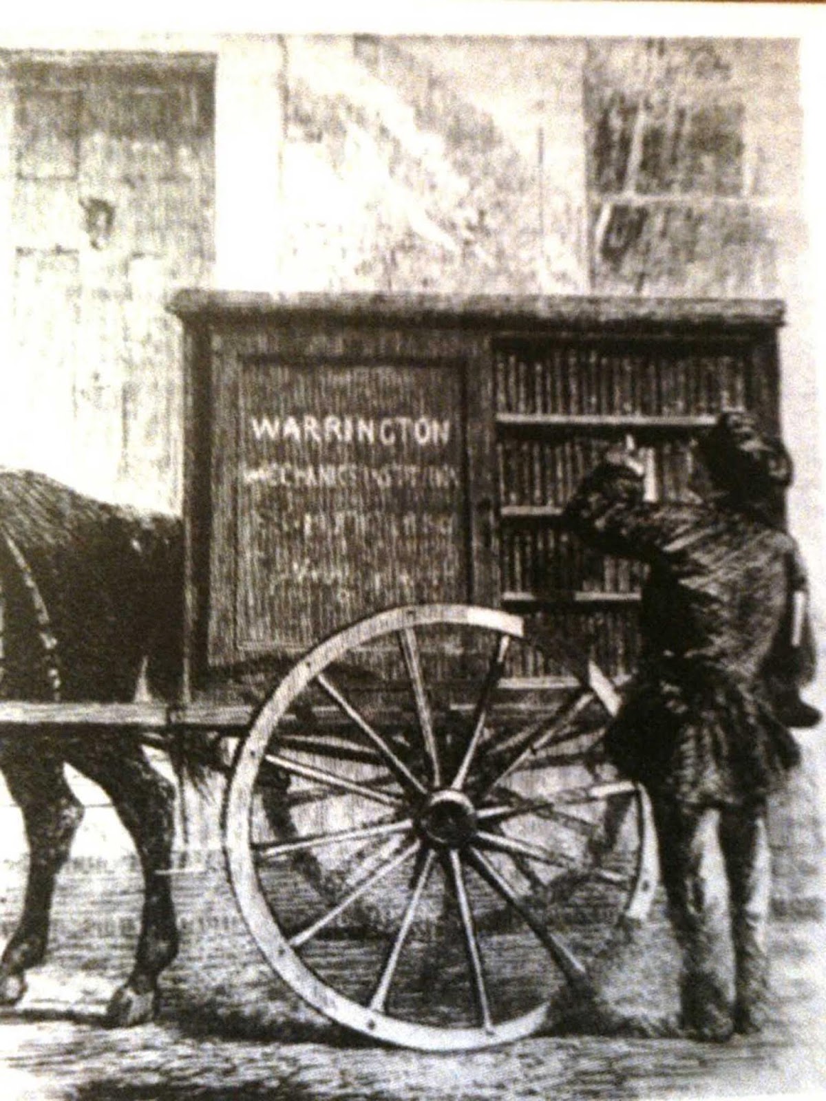 One of the earliest mobile libraries, the Warrington Mechanics’ Institution Perambulating Library, from The Illustrated London News, 1860.