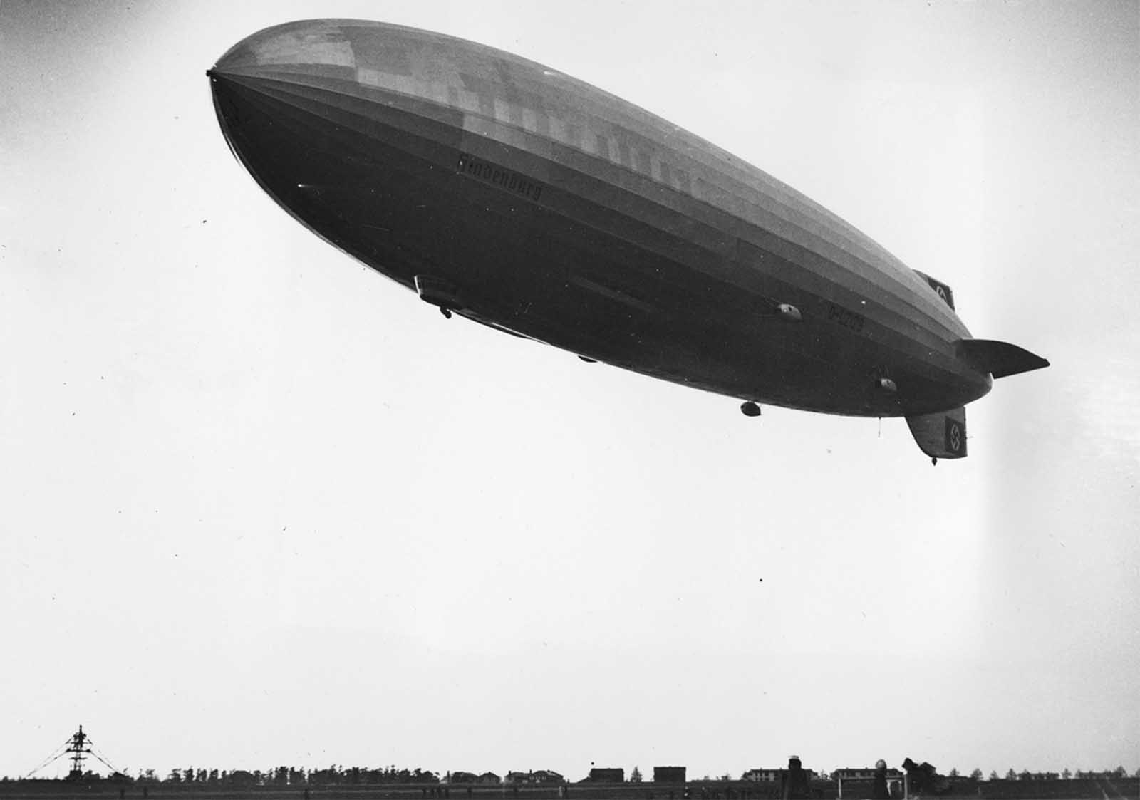 The German dirigible Hindenburg, just before it crashed before landing at the U.S. Naval Station in Lakehurst, New Jersey, on May 6, 1937.