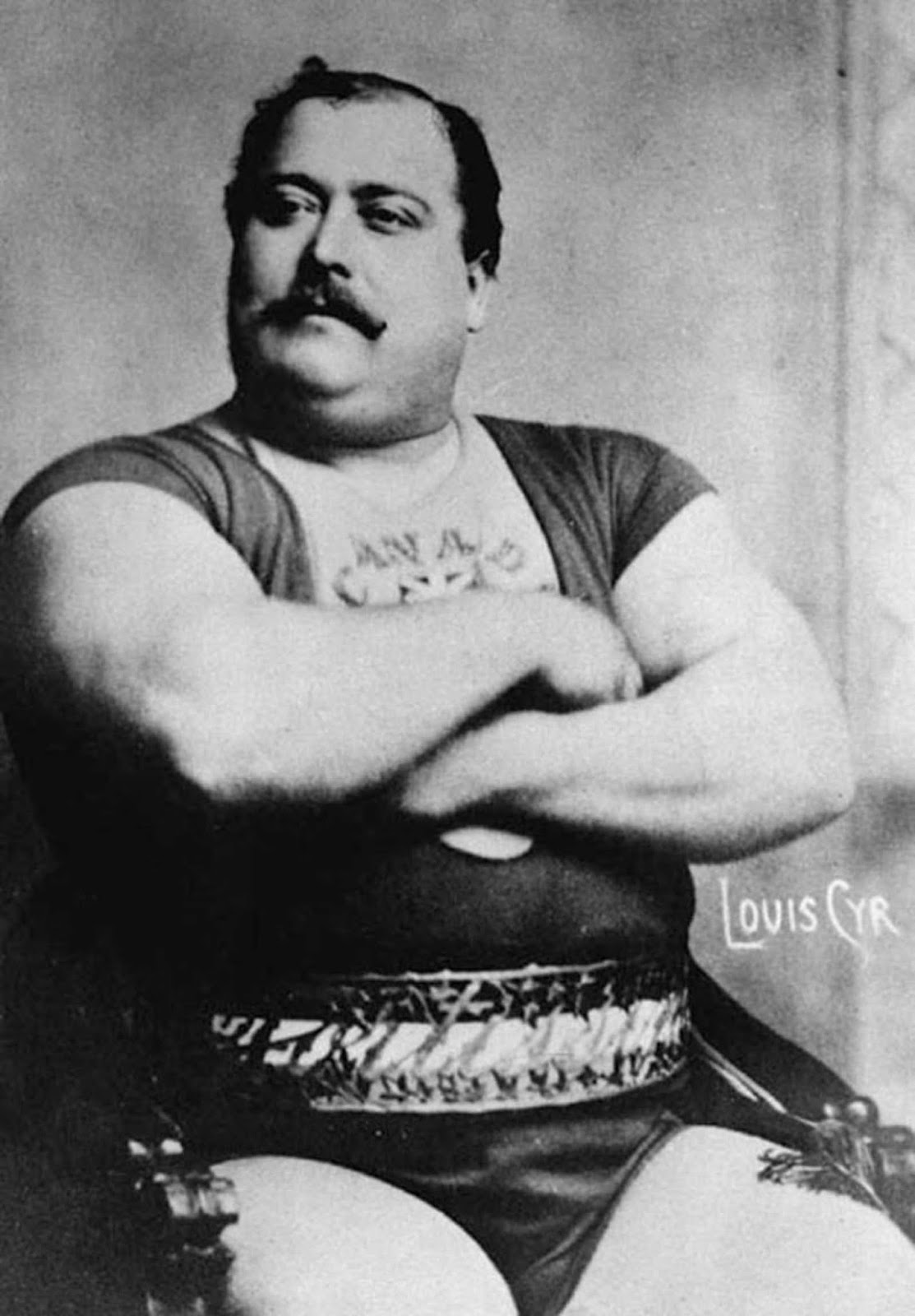 Louis Cyr, circa 1900. His recorded feats include: lifting 500 pounds (227 kg) with one finger and backlifting 4,337 pounds (1,967 kg). 