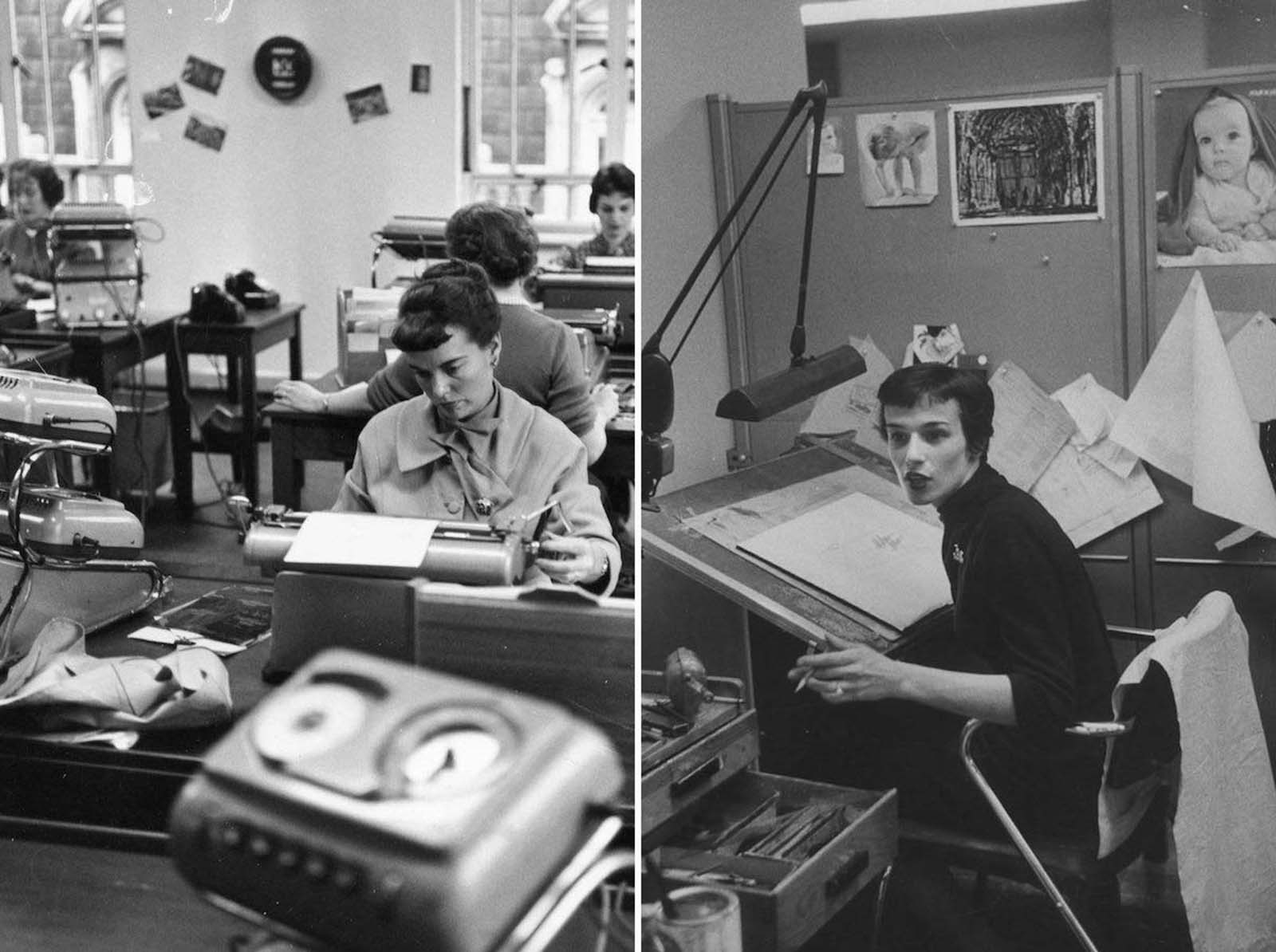 (Left) Women at work in a typing pool at Shell Mex House in London. The woman at the front wears a jacket and scarf with a brooch and earrings. Her hair is cut short on her forehead, and like the other women shown, is worn waved. 1955. (Right) This woman sits at an illustrator's desk. She is dressed in black and wears a turtleneck sweater. Her hair is cut very short. 1957.