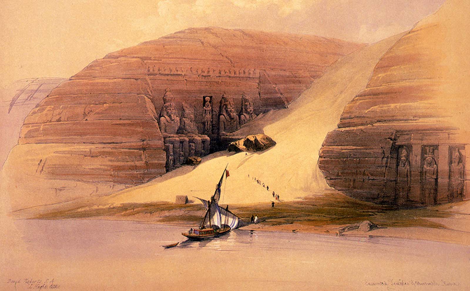 This 19th century image by David Roberts shows the emerging seated statues.