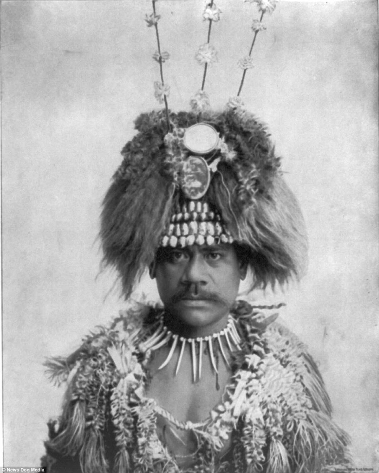 A head and shoulders photo shows a man in native headgear and dress at the World's Columbian Exposition in Chicago, Illinois in about 1893.