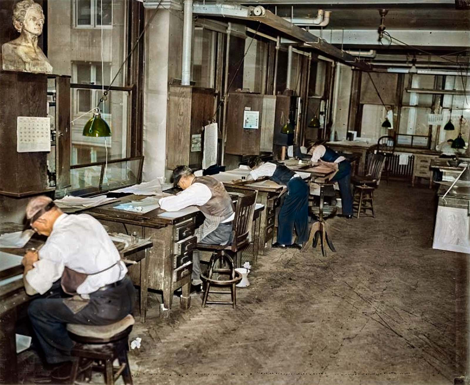Here draftsmen are correcting geological survey printing plates, at The Department of Interior Geological Survey Section, Washington DC. 1939.