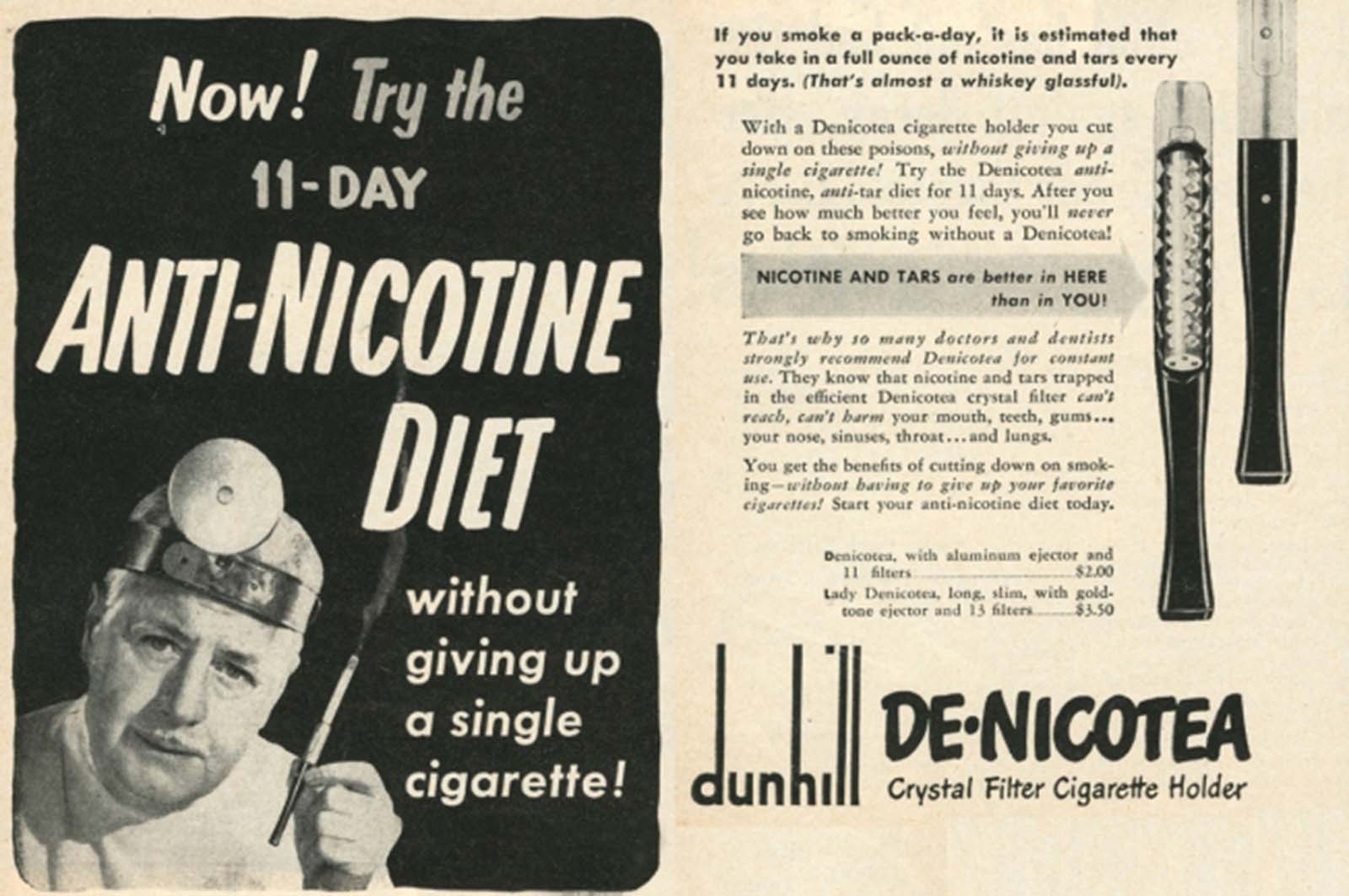 Meet a medical miracle from 1948: the crystal filter. Dunhill's ad calls nicotine a poison, but asserts that with this device, you can protect yourself