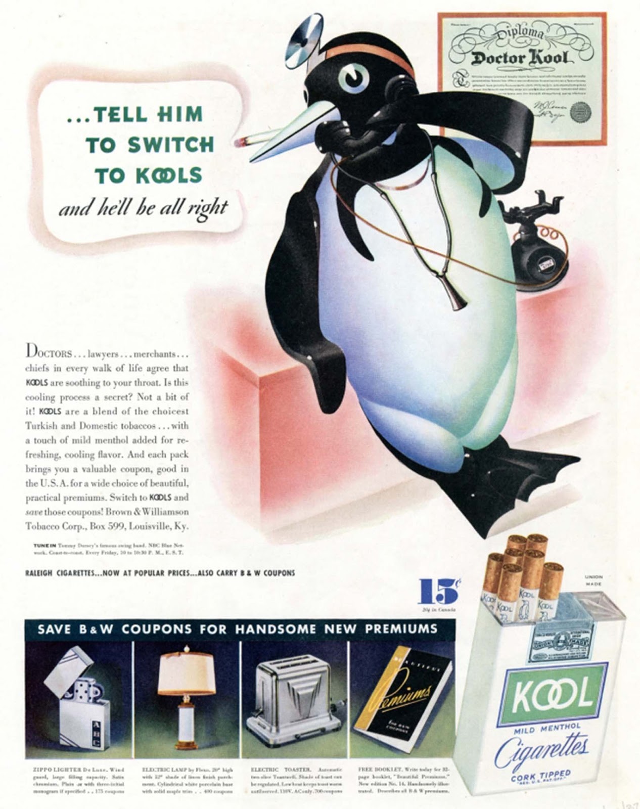 Kool's penguin poses as an otolaryngologist in this 1938 ad. The brand made the case that its cigarettes actually soothed the throat.