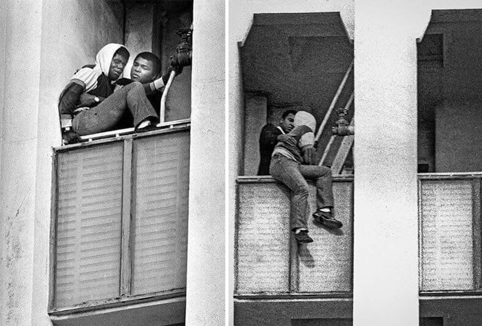 Ali (pictured helping the man down) leaned out of the window and told the man: 'You're my brother. I love you'
