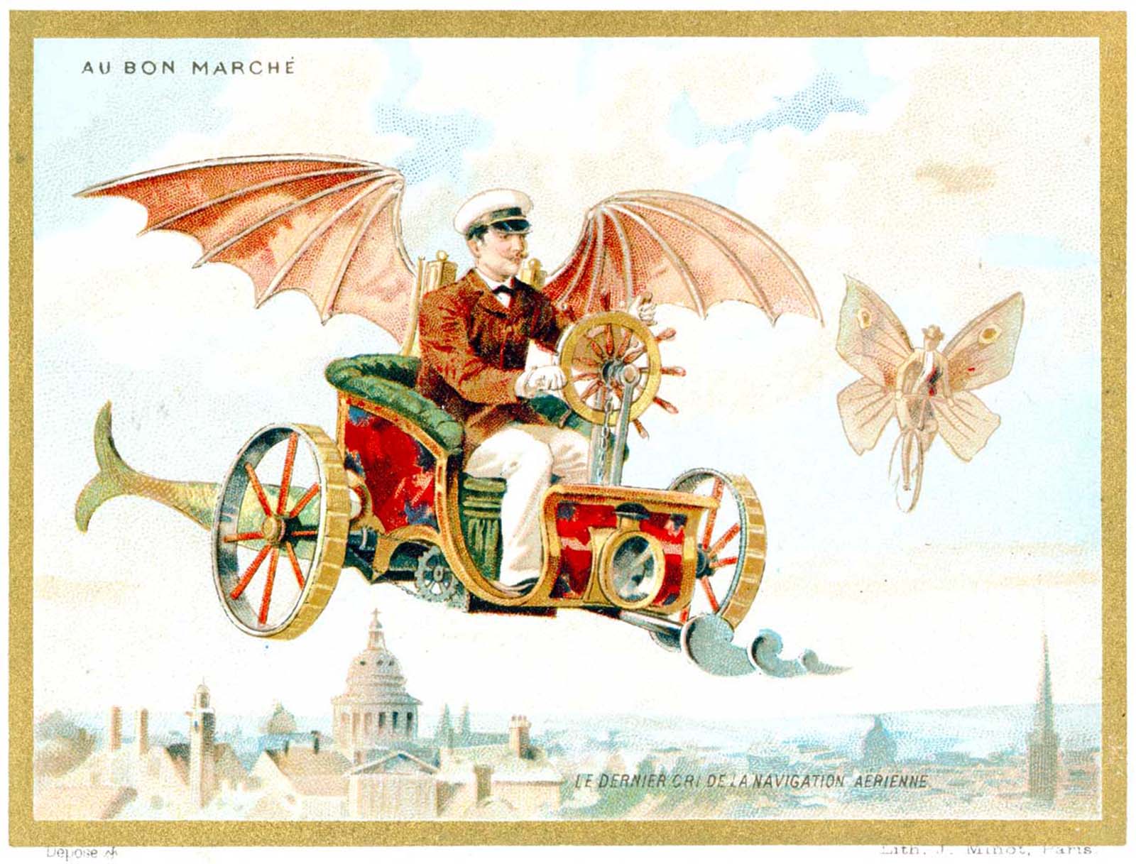 Au Bon Marche company issued comical futuristic ad cards like this one of a flying car. 1890.