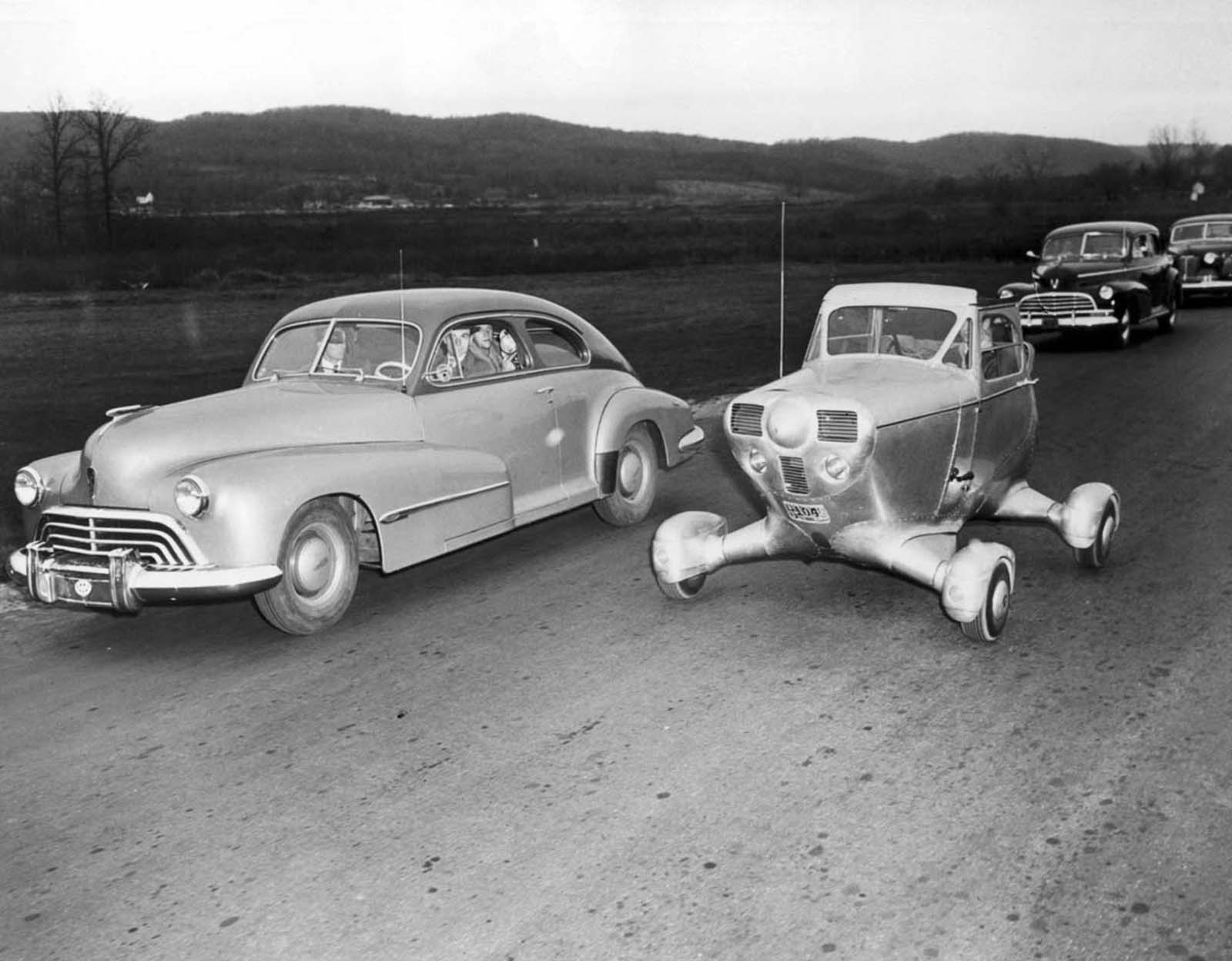 An unconventional American car adapted from the fuselage of a light aircraft. 1948.