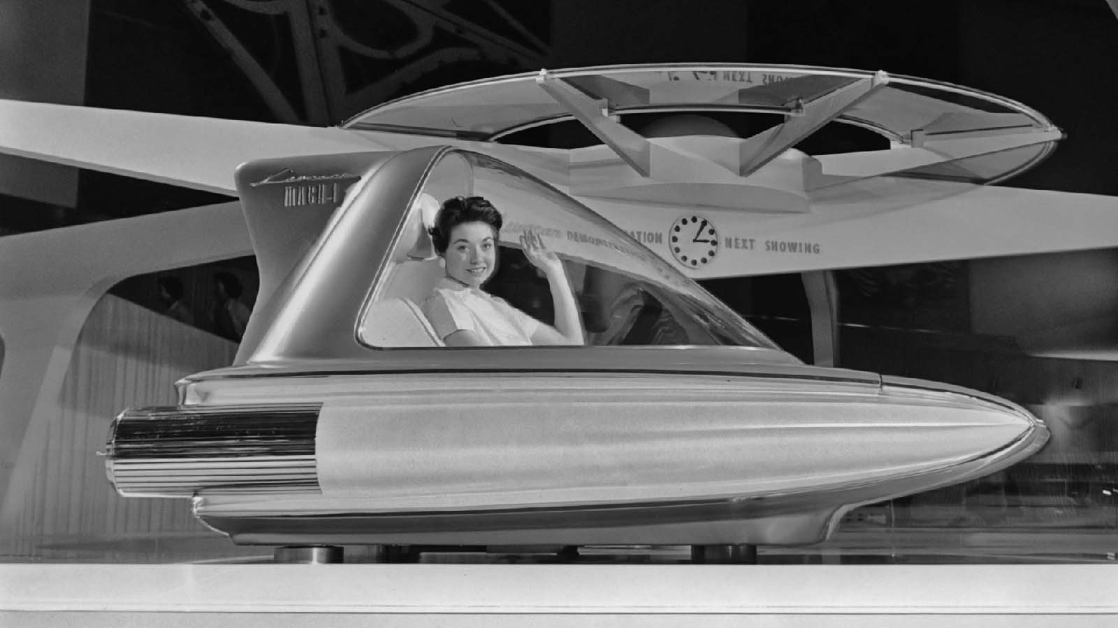Where the Ford Mach I Levacar is going, it doesn't need roads. Shown at the Ford Rotunda in Dearborn, Michigan, 1959, the single-seat concept car scrapped wheels and touted a top speed of 500 m.p.h. None of the cars were ever built, much to society's dismay.