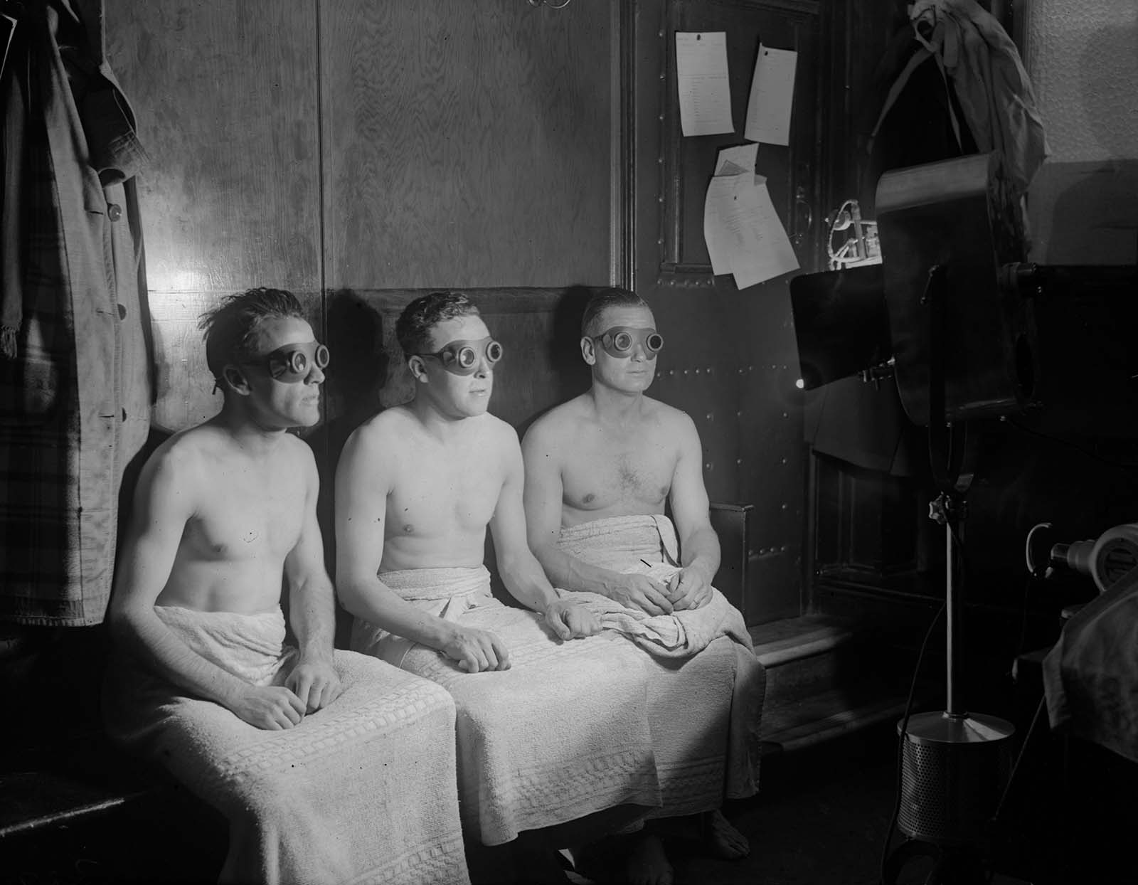 Members of Arsenal Football team have sunlight treatment. 1931.