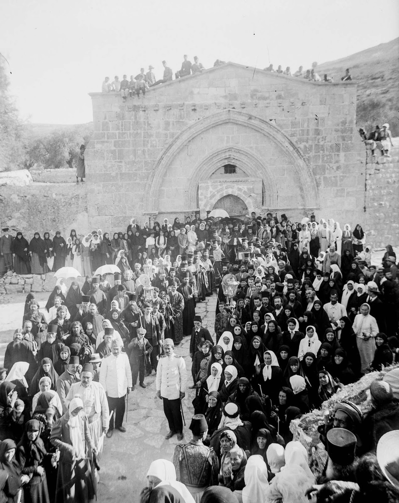 Greek Orthodox Christians gather at the Tomb of the Virgin Mary. 1915.