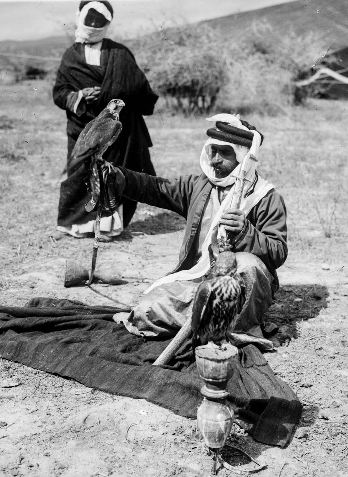 Men with trained falcons used for hunting.