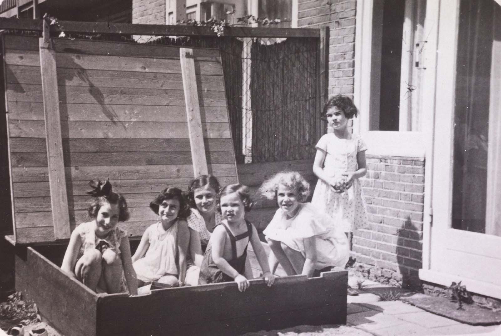 Anne (second from left) and friends, including Hanneli Goslar and Barbara and Sanne Ledermann.
