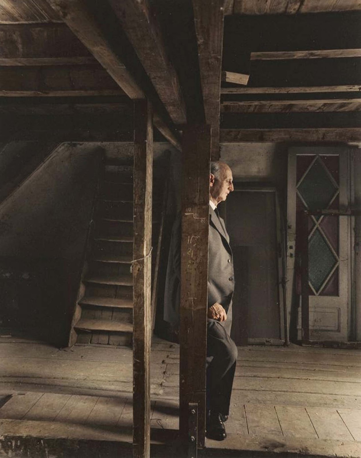 Otto Frank, Anne Frank's father and the only surviving member of the Frank family, revisiting the attic they spent the war in.