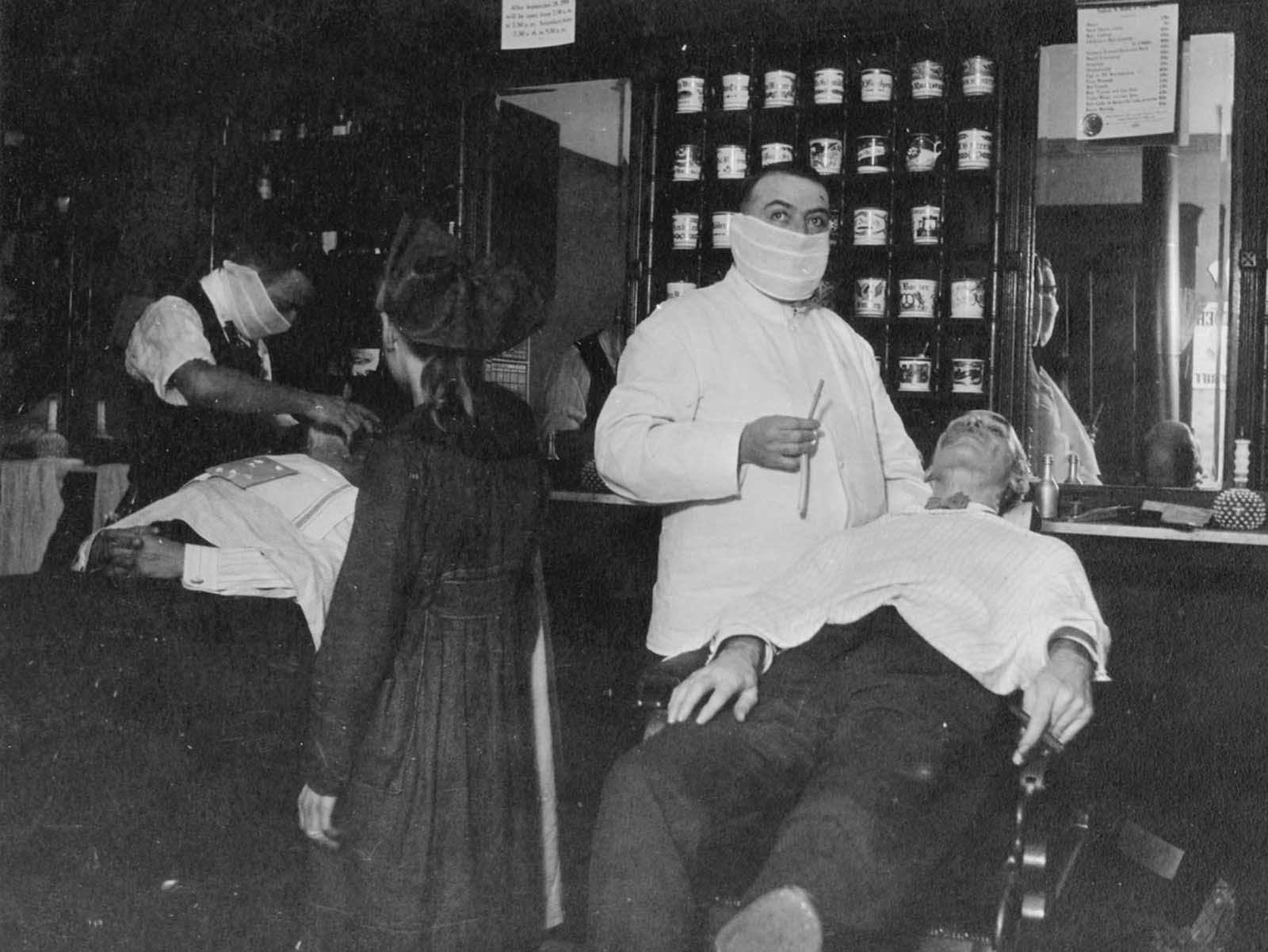 To prevent as much as possible the spread of influenza, Cincinnati barbers wore masks. Barbers all over the country took this precaution.