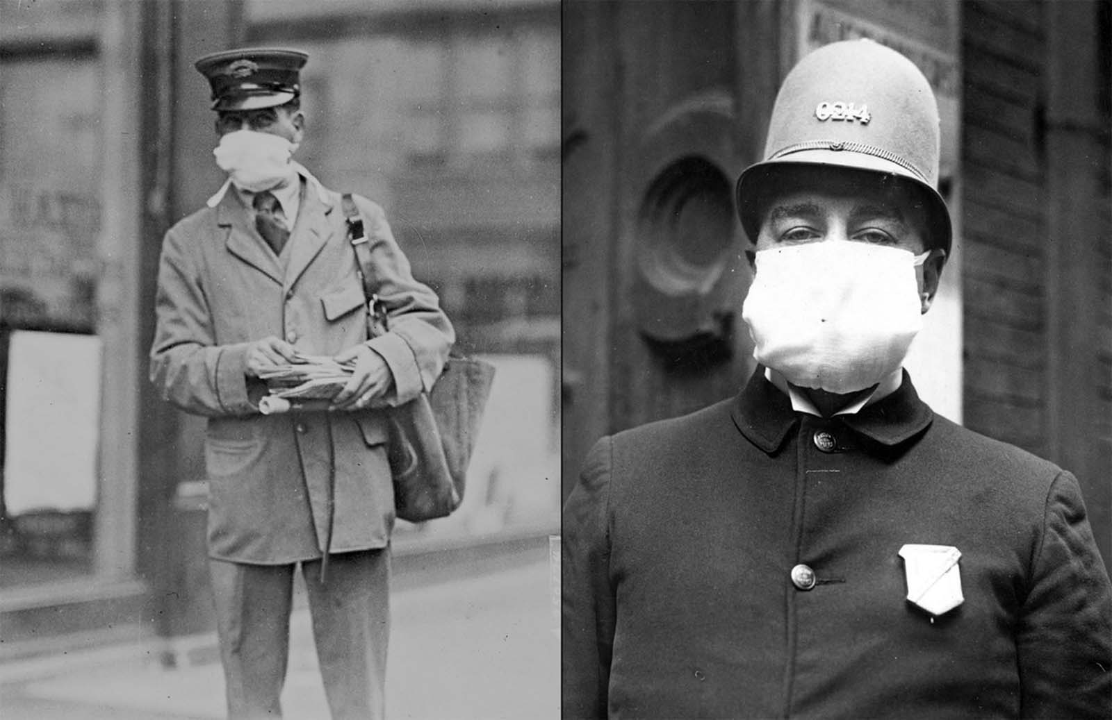 Left: A letter carrier in New York City, October, 1918. Right: Thousands of these masks were distributed by policemen to all police stations, to be used whenever duty called in New York City.