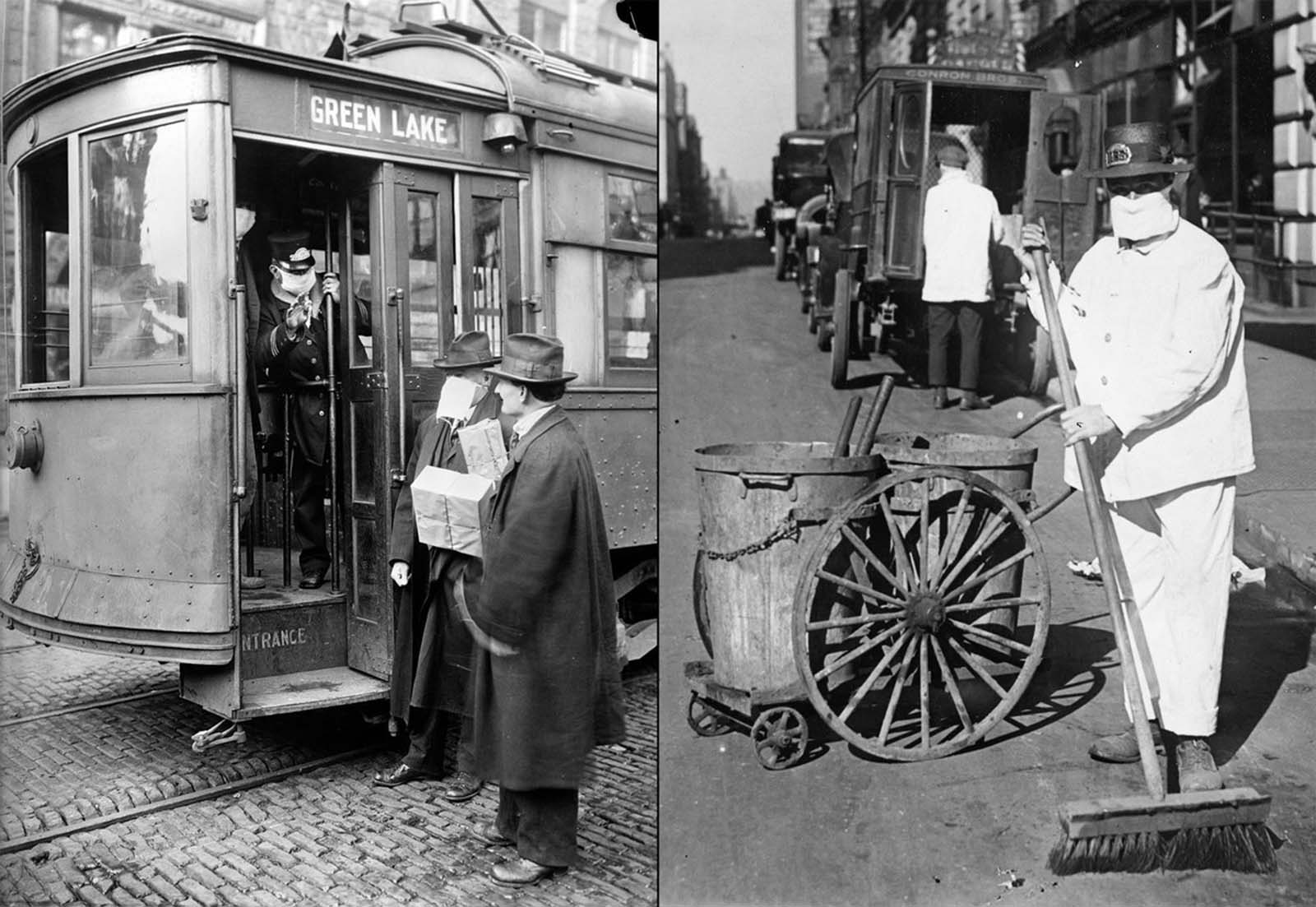 Left: A conductor checks to see if potential passengers are wearing masks in Seattle, Washington. During the influenza epidemic, masks were required for all passengers. Right: A worker wears a mask to prevent the spread of influenza. The New York Health Board admonished citizens to wear masks to check the spread of the influenza epidemic: 