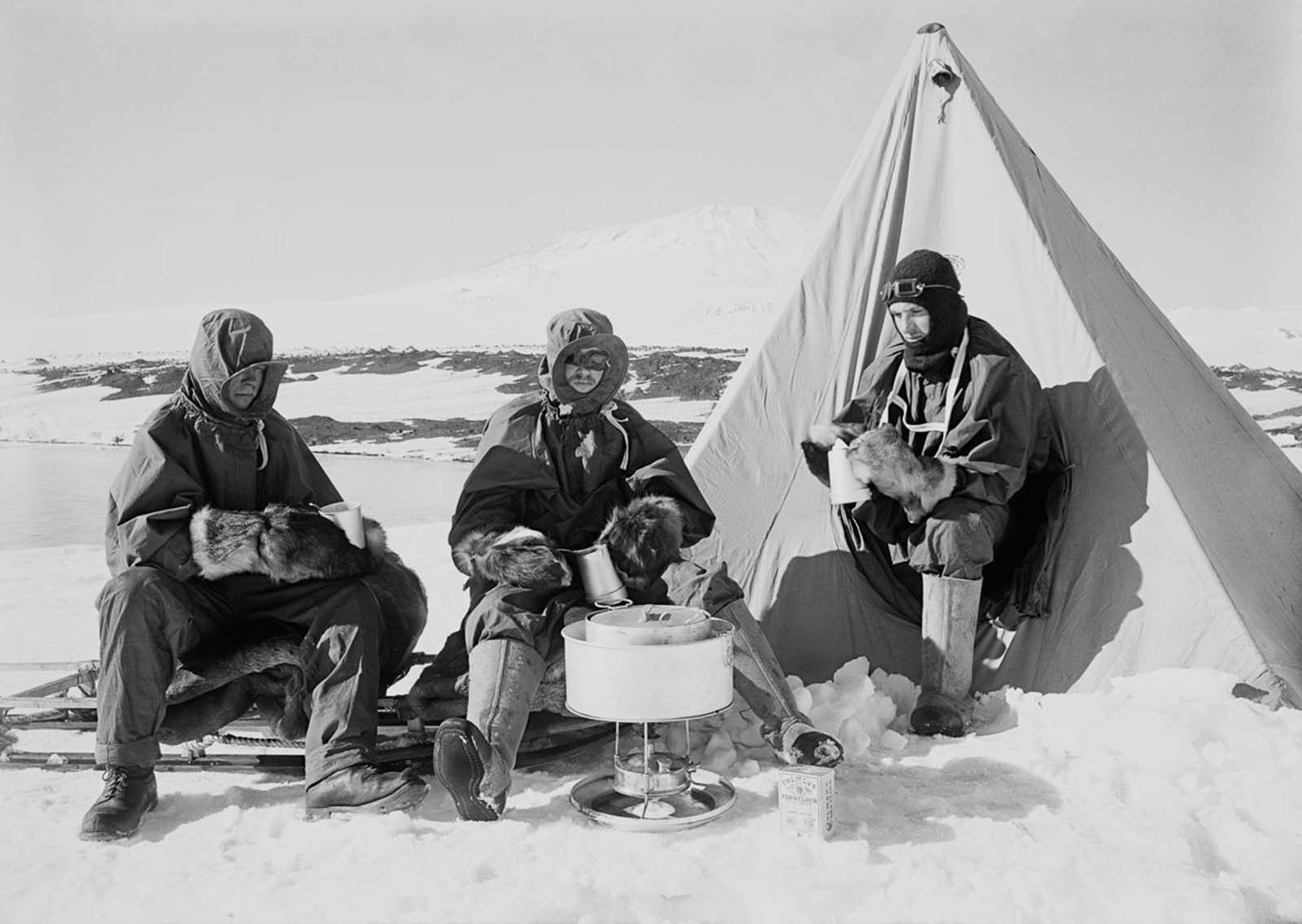 Men heat up a meal on a camp stove. February 7, 1911.