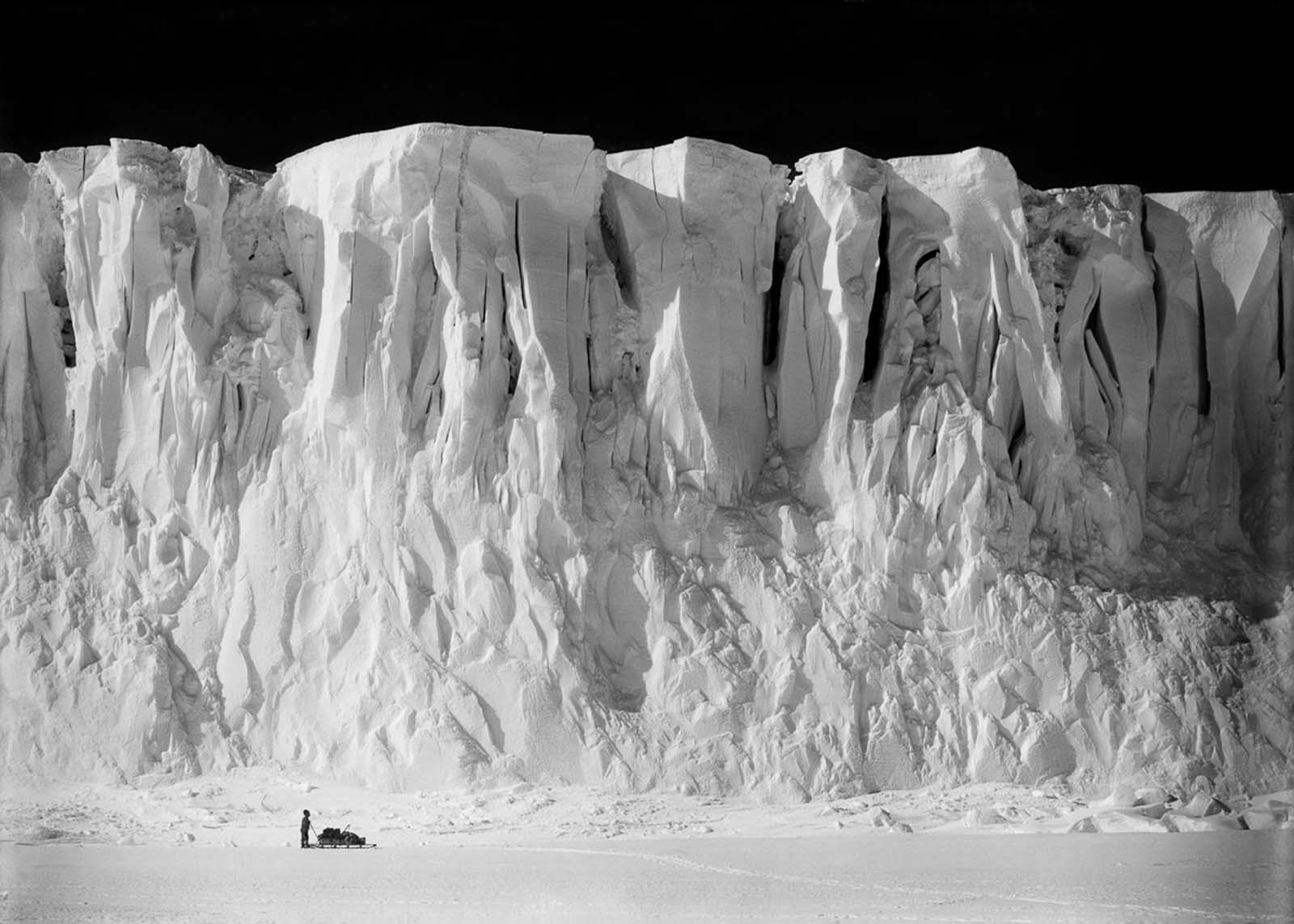 Anton Omelchenko stands at the end of the Barne Glacier on Ross Island. December 2, 1911.
