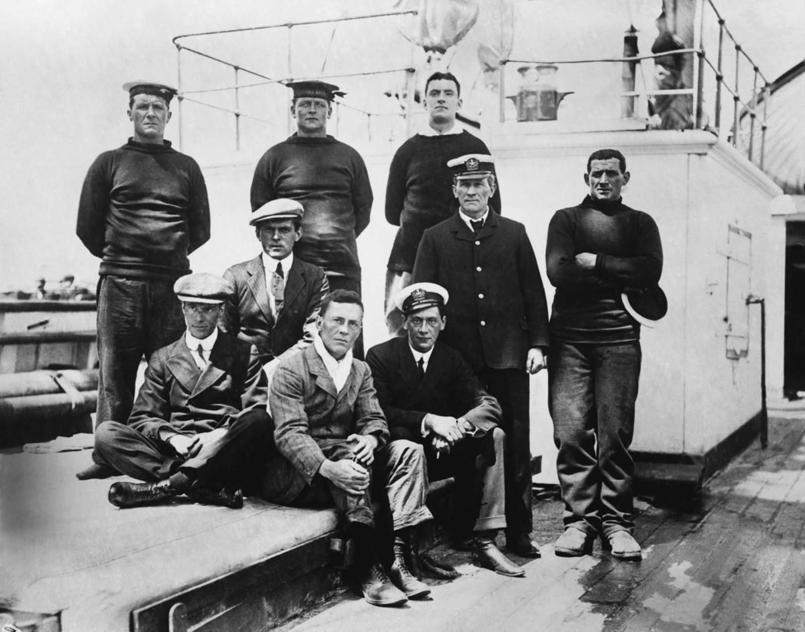 Expedition members return to New Zealand on the Terra Nova after finding the bodies of Scott and the other victims. January, 1913.