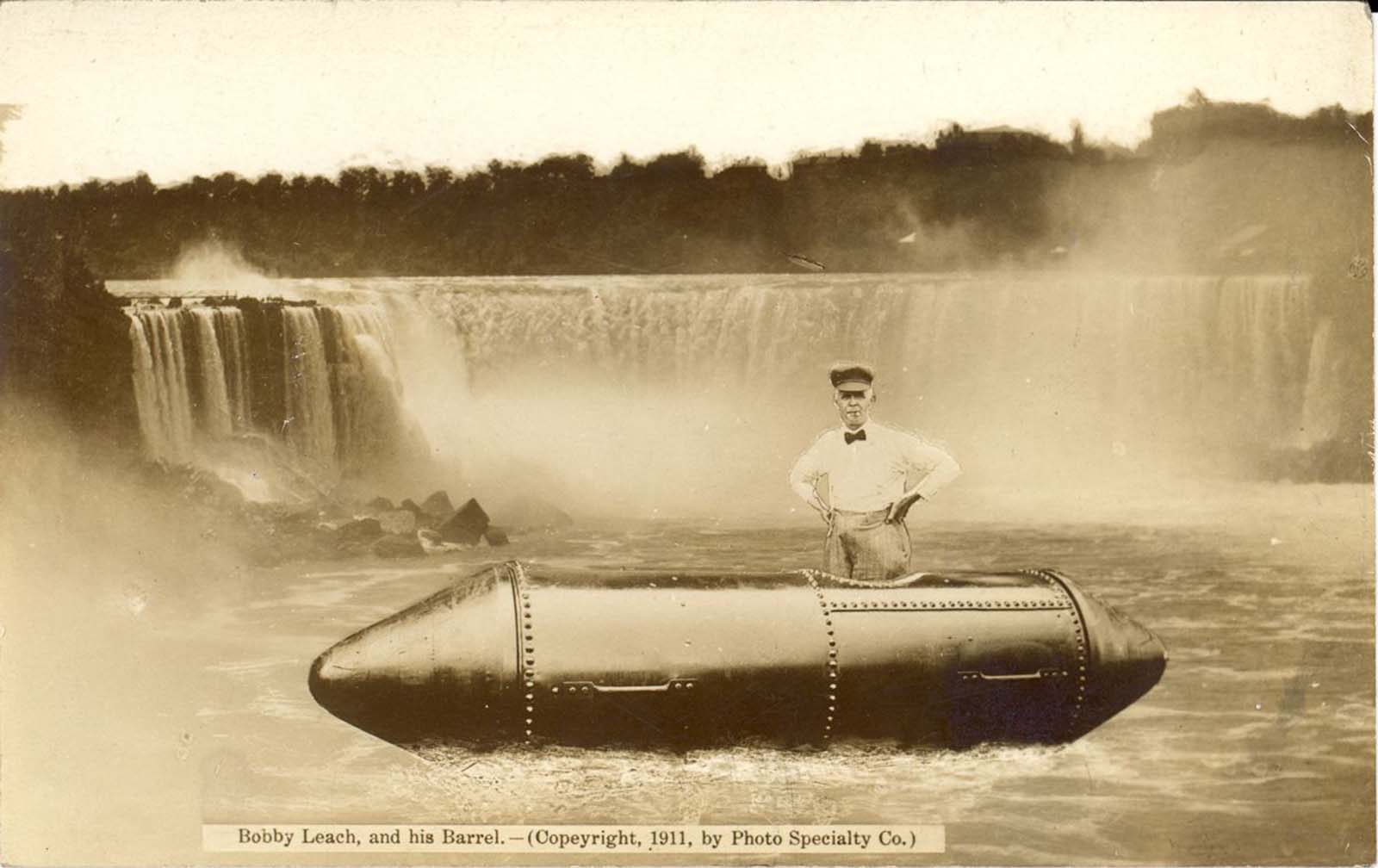 A photo composite of Bobby Leach and his barrel in front of the falls. 1911.