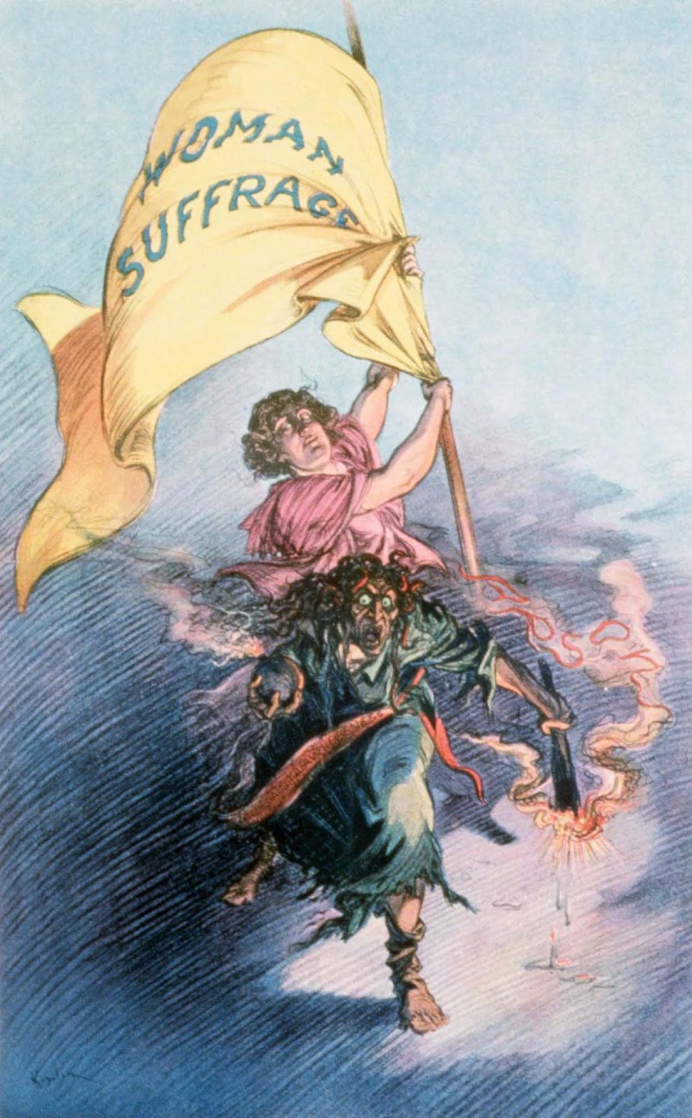 A cartoon from Puck magazine depicts suffragettes as Jekyll and Hyde figures. 1913.