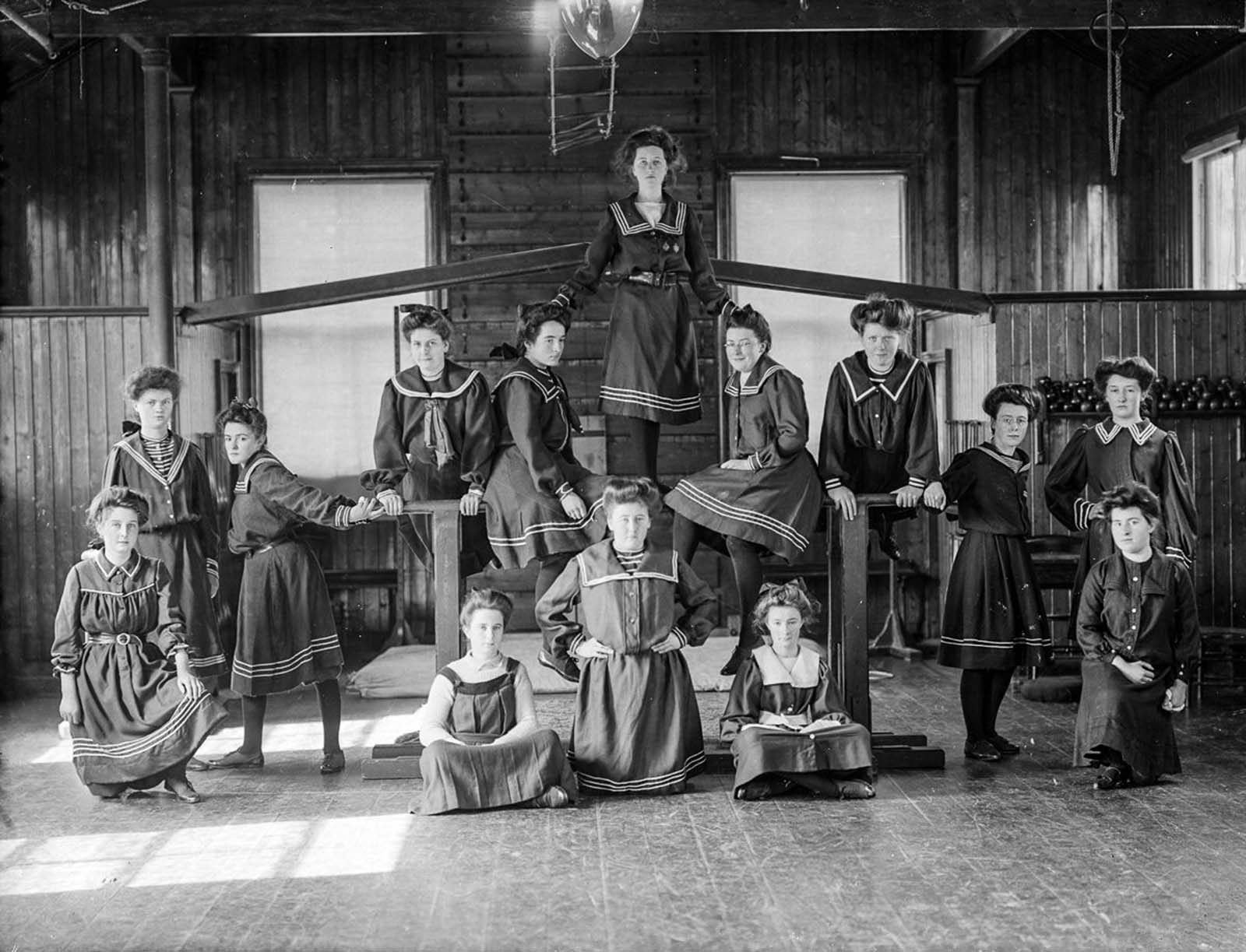 Girls of the Ursuline Convent in Waterford pose in their gymnasium. 1908.