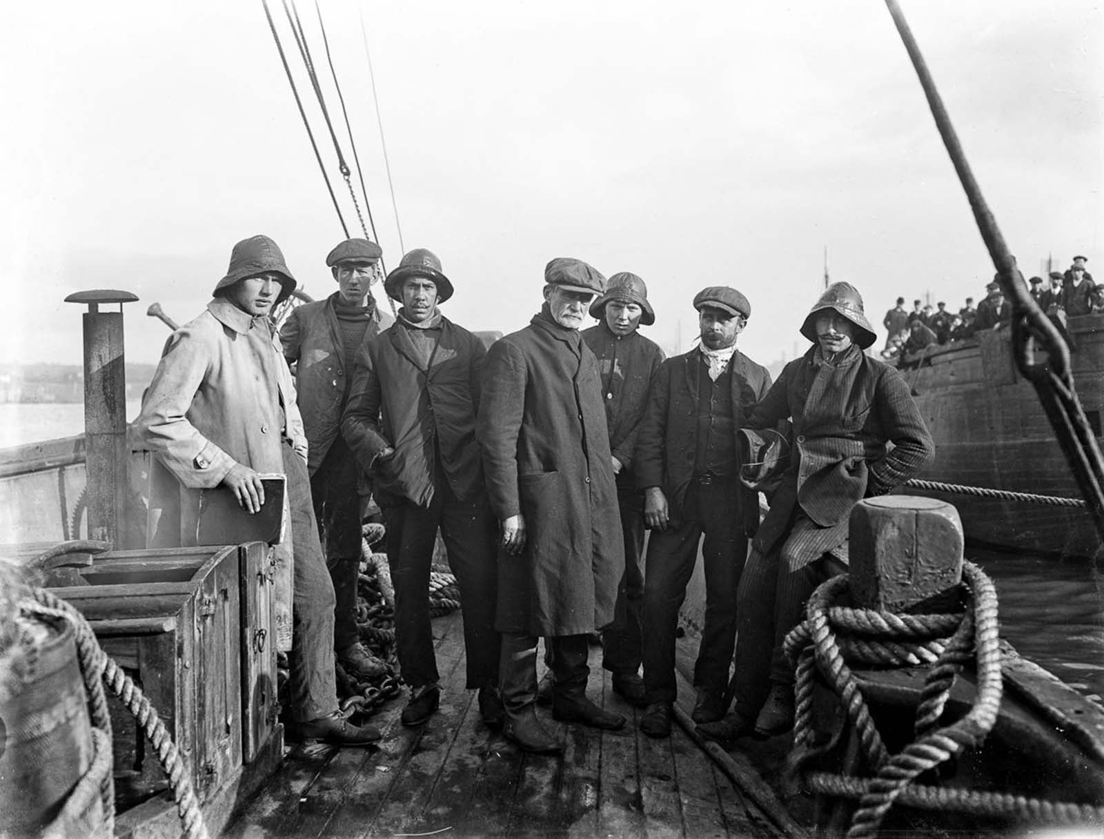 Crew members of the Norwegian vessel The Mexican, which ran aground on the Keragh Islands. The Fethard Lifeboat Helen Blake attempted to rescue them during a storm, but was destroyed with the loss of 9 of the 14 lifeboat men. 1914.