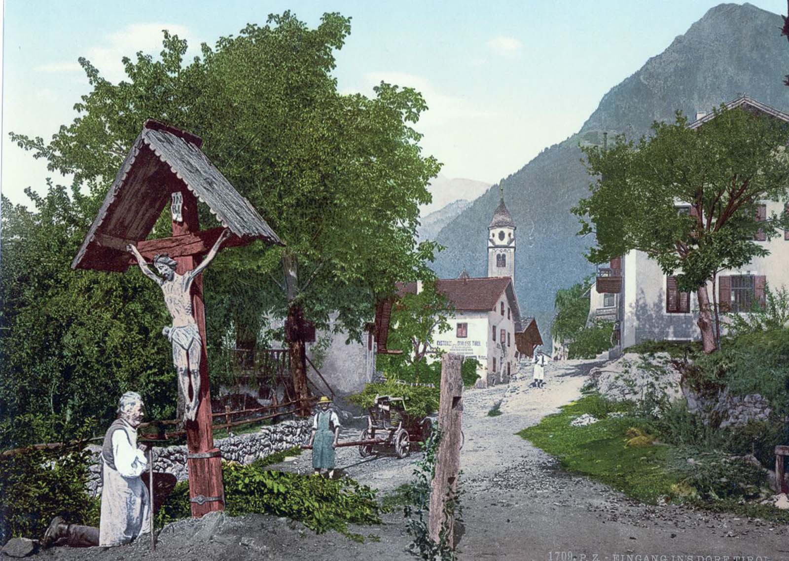 A village with crucifix.