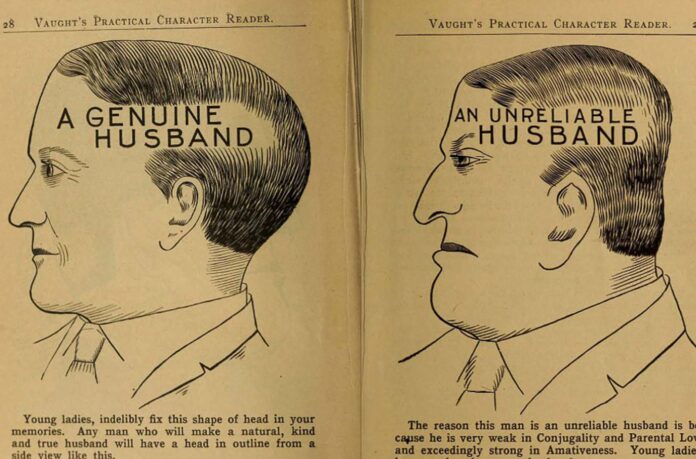 Pages from a weird phrenology book that claimed to ascertain Pages from a weird phrenology book that claimed to ascertain a person’s character by the shape of his head and other facial features, 1902