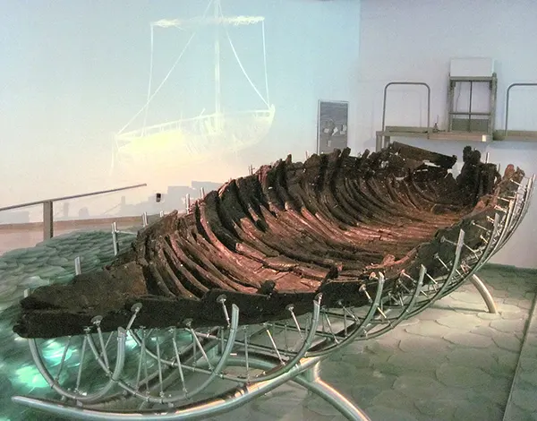 The 'Ancient Galilee Boat' housed in the Yigal Allon Museum in Kibbutz Ginosar.