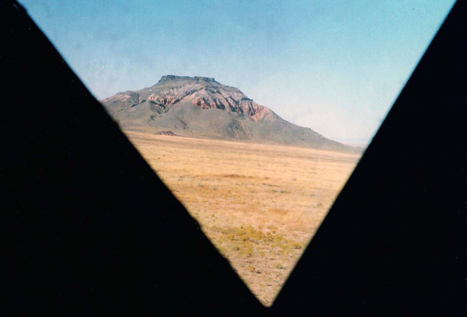 A view of Chezhin Chotah Butte as seen from inside the lunar-module mock-up through one of two triangular windows, photographed in 1965.