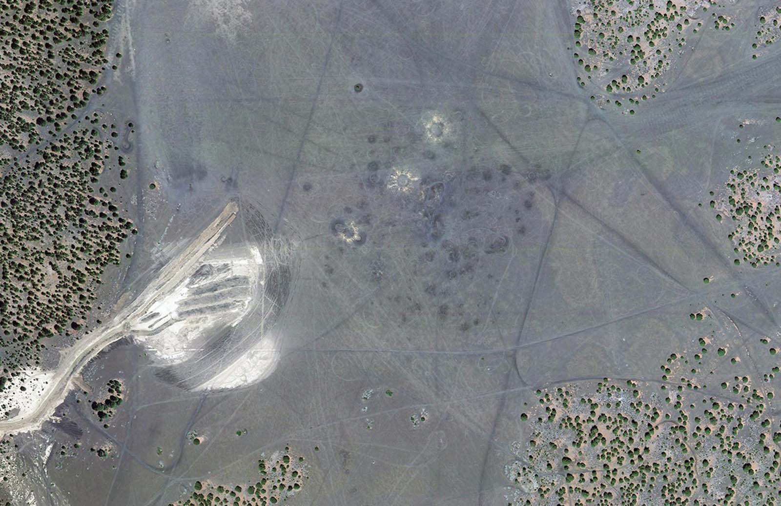 A modern satellite view, made in 2011, of Cinder Lake Crater Field #2, north of Flagstaff, Arizona, decades after its use as a lunar training location.
