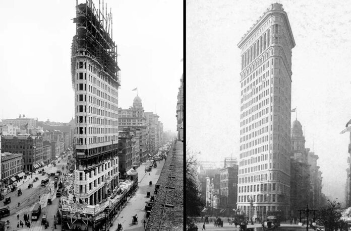 Old Photographs of the Flatiron Building under Construction in New