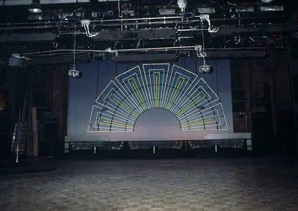 Neon decoration in front of an empty dance floor at New York’s Studio 54 disco, shown 1978.